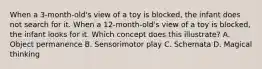 When a 3-month-old's view of a toy is blocked, the infant does not search for it. When a 12-month-old's view of a toy is blocked, the infant looks for it. Which concept does this illustrate? A. Object permanence B. Sensorimotor play C. Schemata D. Magical thinking