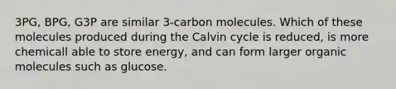 3PG, BPG, G3P are similar 3-carbon molecules. Which of these molecules produced during the Calvin cycle is reduced, is more chemicall able to store energy, and can form larger <a href='https://www.questionai.com/knowledge/kjUwUacPFG-organic-molecules' class='anchor-knowledge'>organic molecules</a> such as glucose.