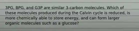 3PG, BPG, and G3P are similar 3-carbon molecules. Which of these molecules produced during the Calvin cycle is reduced, is more chemically able to store energy, and can form larger organic molecules such as a glucose?