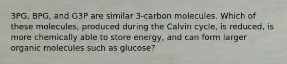 3PG, BPG, and G3P are similar 3-carbon molecules. Which of these molecules, produced during the Calvin cycle, is reduced, is more chemically able to store energy, and can form larger organic molecules such as glucose?