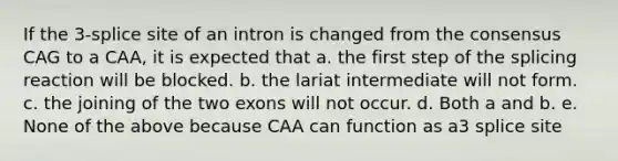 If the 3-splice site of an intron is changed from the consensus CAG to a CAA, it is expected that a. the first step of the splicing reaction will be blocked. b. the lariat intermediate will not form. c. the joining of the two exons will not occur. d. Both a and b. e. None of the above because CAA can function as a3 splice site