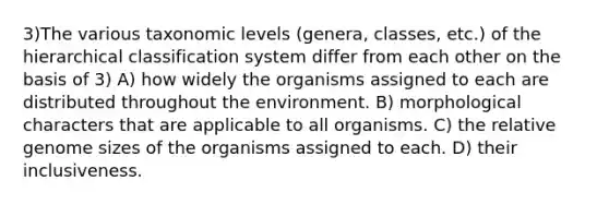 3)The various taxonomic levels (genera, classes, etc.) of the hierarchical classification system differ from each other on the basis of 3) A) how widely the organisms assigned to each are distributed throughout the environment. B) morphological characters that are applicable to all organisms. C) the relative genome sizes of the organisms assigned to each. D) their inclusiveness.