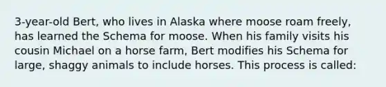 3-year-old Bert, who lives in Alaska where moose roam freely, has learned the Schema for moose. When his family visits his cousin Michael on a horse farm, Bert modifies his Schema for large, shaggy animals to include horses. This process is called: