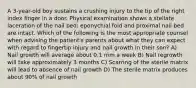 A 3-year-old boy sustains a crushing injury to the tip of the right index finger in a door. Physical examination shows a stellate laceration of the nail bed; eponychial fold and proximal nail bed are intact. Which of the following is the most appropriate counsel when advising the patient's parents about what they can expect with regard to fingertip injury and nail growth in their son? A) Nail growth will average about 0.1 mm a week B) Nail regrowth will take approximately 3 months C) Scarring of the sterile matrix will lead to absence of nail growth D) The sterile matrix produces about 90% of nail growth