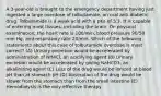 A 3-year-old is brought to the emergency department having just ingested a large overdose of tolbutamide, an oral anti-diabetic drug. Tolbutamide is a weak acid with a pKa of 5.3. It is capable of entering most tissues, including the brain. On physical examination, the heart rate is 100/min, blood pressure 90/50 mm Hg, and respiratory rate 20/min. Which of the following statements about this case of tolbutamide overdose is most correct? (A) Urinary excretion would be accelerated by administration of NH4Cl, an acidifying agent (B) Urinary excretion would be accelerated by giving NaHCO3, an alkalinizing agent (C) Less of the drug would be ionized at blood pH than at stomach pH (D) Absorption of the drug would be slower from the stomach than from the small intestine (E) Hemodialysis is the only effective therapy