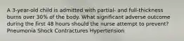 A 3-year-old child is admitted with partial- and full-thickness burns over 30% of the body. What significant adverse outcome during the first 48 hours should the nurse attempt to prevent? Pneumonia Shock Contractures Hypertension