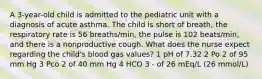 A 3-year-old child is admitted to the pediatric unit with a diagnosis of acute asthma. The child is short of breath, the respiratory rate is 56 breaths/min, the pulse is 102 beats/min, and there is a nonproductive cough. What does the nurse expect regarding the child's blood gas values? 1 pH of 7.32 2 Po 2 of 95 mm Hg 3 Pco 2 of 40 mm Hg 4 HCO 3 - of 26 mEq/L (26 mmol/L)