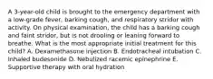 A 3-year-old child is brought to the emergency department with a low-grade fever, barking cough, and respiratory stridor with activity. On physical examination, the child has a barking cough and faint stridor, but is not drooling or leaning forward to breathe. What is the most appropriate initial treatment for this child? A. Dexamethasone injection B. Endotracheal intubation C. Inhaled budesonide D. Nebulized racemic epinephrine E. Supportive therapy with oral hydration