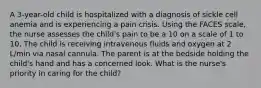 A 3-year-old child is hospitalized with a diagnosis of sickle cell anemia and is experiencing a pain crisis. Using the FACES scale, the nurse assesses the child's pain to be a 10 on a scale of 1 to 10. The child is receiving intravenous fluids and oxygen at 2 L/min via nasal cannula. The parent is at the bedside holding the child's hand and has a concerned look. What is the nurse's priority in caring for the child?