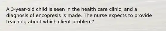 A 3-year-old child is seen in the health care clinic, and a diagnosis of encopresis is made. The nurse expects to provide teaching about which client problem?