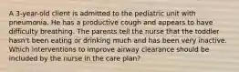 A 3-year-old client is admitted to the pediatric unit with pneumonia. He has a productive cough and appears to have difficulty breathing. The parents tell the nurse that the toddler hasn't been eating or drinking much and has been very inactive. Which interventions to improve airway clearance should be included by the nurse in the care plan?