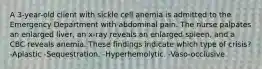 A 3-year-old client with sickle cell anemia is admitted to the Emergency Department with abdominal pain. The nurse palpates an enlarged liver, an x-ray reveals an enlarged spleen, and a CBC reveals anemia. These findings indicate which type of crisis? -Aplastic -Sequestration. -Hyperhemolytic. -Vaso-occlusive