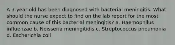 A 3-year-old has been diagnosed with bacterial meningitis. What should the nurse expect to find on the lab report for the most common cause of this bacterial meningitis? a. Haemophilus influenzae b. Neisseria meningitidis c. Streptococcus pneumonia d. Escherichia coli