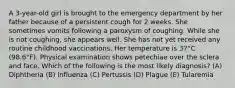 A 3-year-old girl is brought to the emergency department by her father because of a persistent cough for 2 weeks. She sometimes vomits following a paroxysm of coughing. While she is not coughing, she appears well. She has not yet received any routine childhood vaccinations. Her temperature is 37°C (98.6°F). Physical examination shows petechiae over the sclera and face. Which of the following is the most likely diagnosis? (A) Diphtheria (B) Influenza (C) Pertussis (D) Plague (E) Tularemia