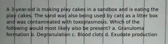 A 3-year-old is making play cakes in a sandbox and is eating the play cakes. The sand was also being used by cats as a litter box and was contaminated with toxoplasmosis. Which of the following would most likely also be present? a. Granuloma formation b. Degranulation c. Blood clots d. Exudate production