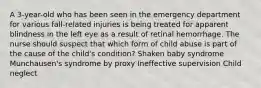 A 3-year-old who has been seen in the emergency department for various fall-related injuries is being treated for apparent blindness in the left eye as a result of retinal hemorrhage. The nurse should suspect that which form of child abuse is part of the cause of the child's condition? Shaken baby syndrome Munchausen's syndrome by proxy Ineffective supervision Child neglect