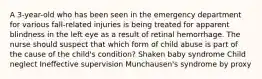 A 3-year-old who has been seen in the emergency department for various fall-related injuries is being treated for apparent blindness in the left eye as a result of retinal hemorrhage. The nurse should suspect that which form of child abuse is part of the cause of the child's condition? Shaken baby syndrome Child neglect Ineffective supervision Munchausen's syndrome by proxy