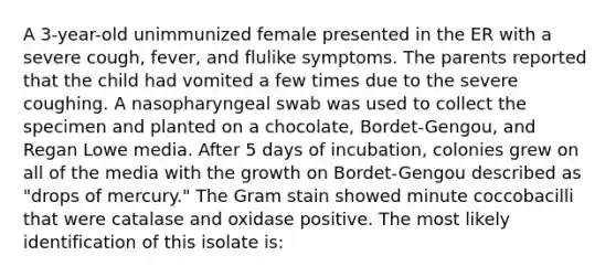 A 3-year-old unimmunized female presented in the ER with a severe cough, fever, and flulike symptoms. The parents reported that the child had vomited a few times due to the severe coughing. A nasopharyngeal swab was used to collect the specimen and planted on a chocolate, Bordet-Gengou, and Regan Lowe media. After 5 days of incubation, colonies grew on all of the media with the growth on Bordet-Gengou described as "drops of mercury." The Gram stain showed minute coccobacilli that were catalase and oxidase positive. The most likely identification of this isolate is: