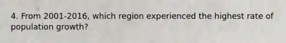 4. From 2001-2016, which region experienced the highest rate of population growth?