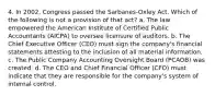 4. In 2002, Congress passed the Sarbanes-Oxley Act. Which of the following is not a provision of that act? a. The law empowered the American Institute of Certified Public Accountants (AICPA) to oversee licensure of auditors. b. The Chief Executive Officer (CEO) must sign the company's financial statements attesting to the inclusion of all material information. c. The Public Company Accounting Oversight Board (PCAOB) was created. d. The CEO and Chief Financial Officer (CFO) must indicate that they are responsible for the company's system of internal control.