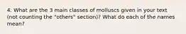 4. What are the 3 main classes of molluscs given in your text (not counting the "others" section)? What do each of the names mean?