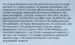 4 A 37-year-old woman visits her physician because of a cough and fever of 1 week's duration. On physical examination, her temperature is 38.3°C. She has diffuse crackles in all lung fields. A chest radiograph shows bilateral extensive infiltrates. CBC shows hemoglobin, 13.9 g/dL; hematocrit, 42%; MCV, 89 μm3; platelet count, 210,000/mm3; and WBC count, 56,000/mm3 with 63% segmented neutrophils, 15% bands, 6% metamyelocytes, 3% myelocytes, 1% blasts, 8% lymphocytes, 2% monocytes, and 2% eosinophils. The peripheral blood leukocyte alkaline phosphatase score is increased. Which of the following is the most likely diagnosis? □ (A) Chronic myelogenous leukemia □ (B) Hairy cell leukemia □ (C) Hodgkin lymphoma, lymphocyte depletion type □ (D) Leukemoid reaction □ (E) Acute lymphoblastic leukemia