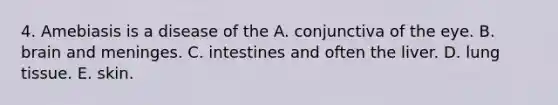 4. Amebiasis is a disease of the A. conjunctiva of the eye. B. brain and meninges. C. intestines and often the liver. D. lung tissue. E. skin.