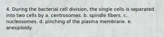 4. During the bacterial cell division, the single cells is separated into two cells by a. centrosomes. b. spindle fibers. c. nucleosomes. d. pinching of the plasma membrane. e. aneuploidy.