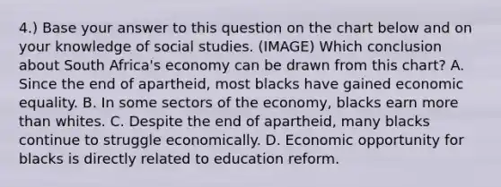 4.) Base your answer to this question on the chart below and on your knowledge of social studies. (IMAGE) Which conclusion about South Africa's economy can be drawn from this chart? A. Since the end of apartheid, most blacks have gained economic equality. B. In some sectors of the economy, blacks earn more than whites. C. Despite the end of apartheid, many blacks continue to struggle economically. D. Economic opportunity for blacks is directly related to education reform.