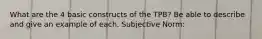 What are the 4 basic constructs of the TPB? Be able to describe and give an example of each. Subjective Norm: