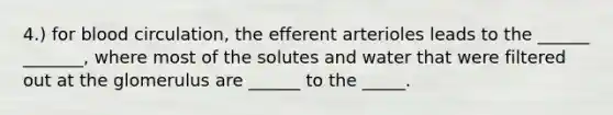 4.) for blood circulation, the efferent arterioles leads to the ______ _______, where most of the solutes and water that were filtered out at the glomerulus are ______ to the _____.