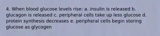 4. When blood glucose levels rise: a. insulin is released b. glucagon is released c. peripheral cells take up less glucose d. protein synthesis decreases e. peripheral cells begin storing glucose as glycogen