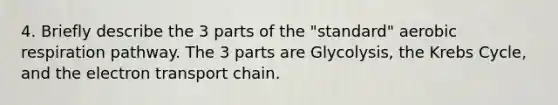 4. Briefly describe the 3 parts of the "standard" aerobic respiration pathway. The 3 parts are Glycolysis, the Krebs Cycle, and the electron transport chain.