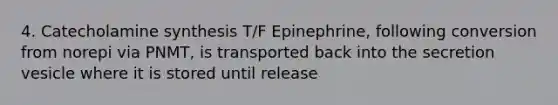 4. Catecholamine synthesis T/F Epinephrine, following conversion from norepi via PNMT, is transported back into the secretion vesicle where it is stored until release