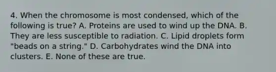 4. When the chromosome is most condensed, which of the following is true? A. Proteins are used to wind up the DNA. B. They are less susceptible to radiation. C. Lipid droplets form "beads on a string." D. Carbohydrates wind the DNA into clusters. E. None of these are true.