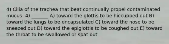 4) Cilia of the trachea that beat continually propel contaminated mucus: 4) _______ A) toward the glottis to be hiccupped out B) toward the lungs to be encapsulated C) toward the nose to be sneezed out D) toward the epiglottis to be coughed out E) toward the throat to be swallowed or spat out