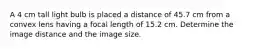 A 4 cm tall light bulb is placed a distance of 45.7 cm from a convex lens having a focal length of 15.2 cm. Determine the image distance and the image size.