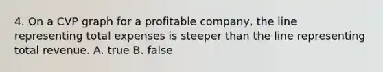 4. On a CVP graph for a profitable company, the line representing total expenses is steeper than the line representing total revenue. A. true B. false