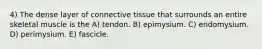 4) The dense layer of connective tissue that surrounds an entire skeletal muscle is the A) tendon. B) epimysium. C) endomysium. D) perimysium. E) fascicle.