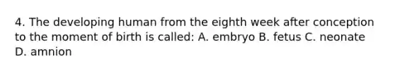 4. The developing human from the eighth week after conception to the moment of birth is called: A. embryo B. fetus C. neonate D. amnion