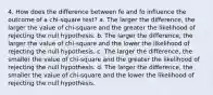 4. How does the difference between fe and fo influence the outcome of a chi-square test? a. The larger the difference, the larger the value of chi-square and the greater the likelihood of rejecting the null hypothesis. b. The larger the difference, the larger the value of chi-square and the lower the likelihood of rejecting the null hypothesis. c. The larger the difference, the smaller the value of chi-square and the greater the likelihood of rejecting the null hypothesis. d. The larger the difference, the smaller the value of chi-square and the lower the likelihood of rejecting the null hypothesis.