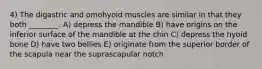 4) The digastric and omohyoid muscles are similar in that they both ________. A) depress the mandible B) have origins on the inferior surface of the mandible at the chin C) depress the hyoid bone D) have two bellies E) originate from the superior border of the scapula near the suprascapular notch