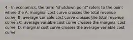 4 - In economics, the term "shutdown point" refers to the point where the A. marginal cost curve crosses the total revenue curve. B. average variable cost curve crosses the total revenue curve. C. average variable cost curve crosses the marginal cost curve. D. marginal cost curve crosses the average variable cost curve.