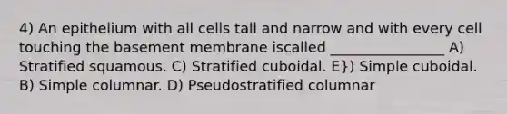 4) An epithelium with all cells tall and narrow and with every cell touching the basement membrane iscalled ________________ A) Stratified squamous. C) Stratified cuboidal. E}) Simple cuboidal. B) Simple columnar. D) Pseudostratified columnar