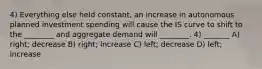 4) Everything else held constant, an increase in autonomous planned investment spending will cause the IS curve to shift to the ________ and aggregate demand will ________. 4) _______ A) right; decrease B) right; increase C) left; decrease D) left; increase