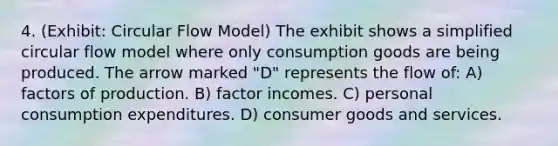 4. (Exhibit: Circular Flow Model) The exhibit shows a simplified circular flow model where only consumption goods are being produced. The arrow marked "D" represents the flow of: A) factors of production. B) factor incomes. C) personal consumption expenditures. D) consumer goods and services.