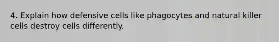 4. Explain how defensive cells like phagocytes and natural killer cells destroy cells differently.