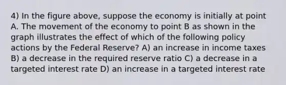 4) In the figure above, suppose the economy is initially at point A. The movement of the economy to point B as shown in the graph illustrates the effect of which of the following policy actions by the Federal Reserve? A) an increase in income taxes B) a decrease in the required reserve ratio C) a decrease in a targeted interest rate D) an increase in a targeted interest rate