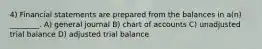 4) Financial statements are prepared from the balances in a(n) ________. A) general journal B) chart of accounts C) unadjusted trial balance D) adjusted trial balance