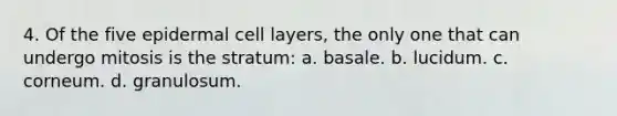 4. Of the five epidermal cell layers, the only one that can undergo mitosis is the stratum: a. basale. b. lucidum. c. corneum. d. granulosum.